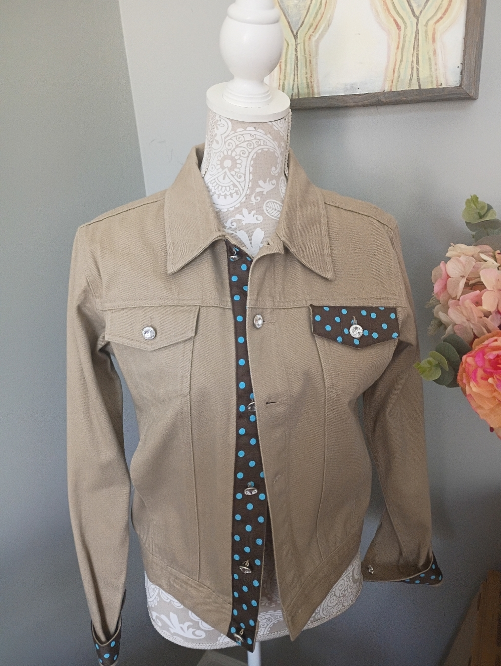 Womens Khaki Denim Jacket with Embellished Polka Dot Trim Size M.  NWT